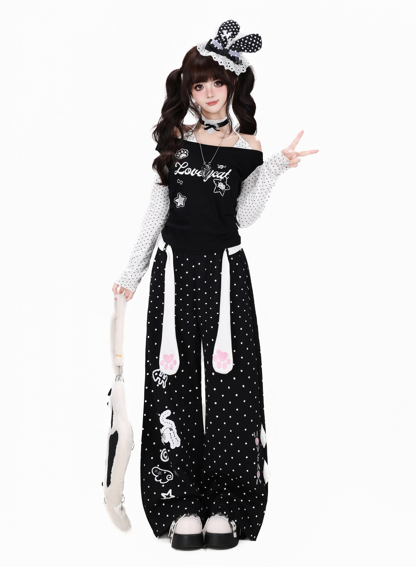 ねこドットプリントハイウエストワイドパンツ