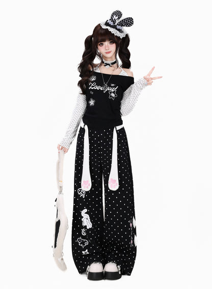 ねこドットプリントハイウエストワイドパンツ