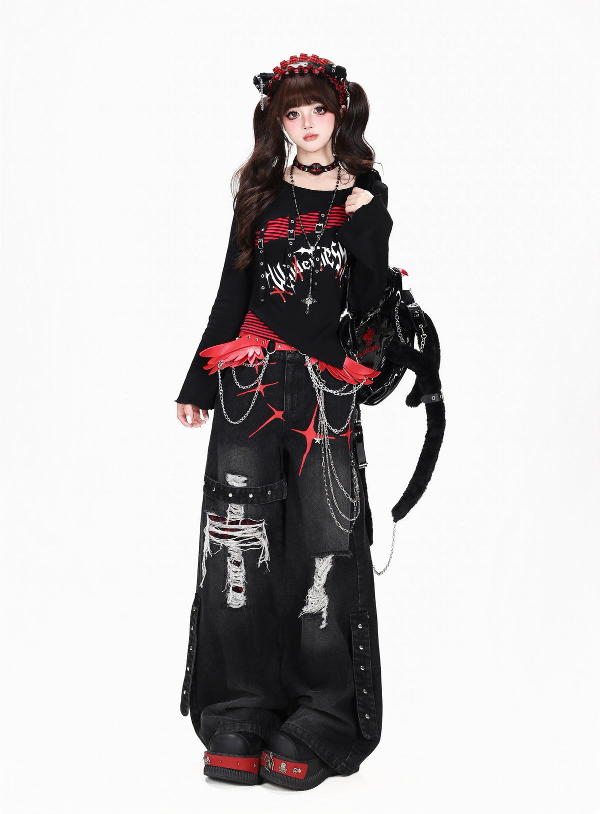黒赤ストライプアシメウエストシェイプロンT