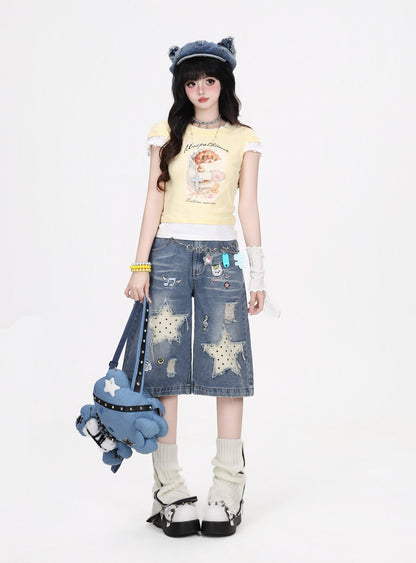 星柄ダメージワイドハーフパンツ