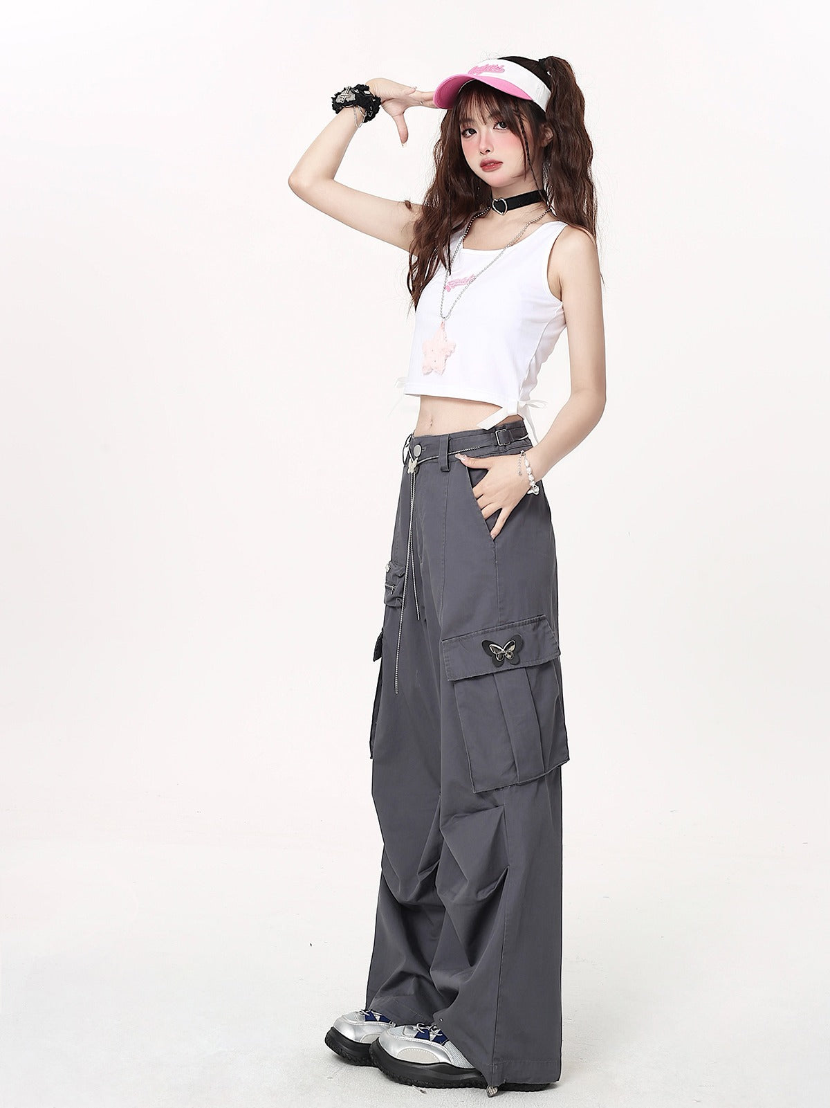 American style vintage work pants with waist chain