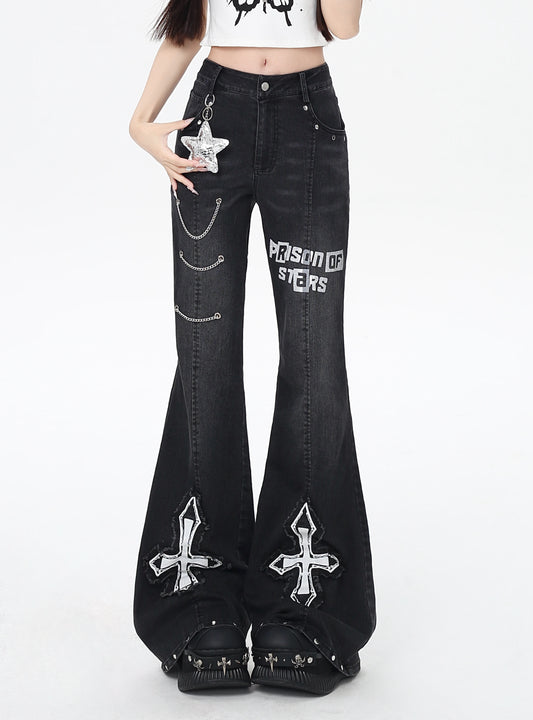 オリジナル甘辛Y2Kチェーンハイウエストデニムフレアパンツ