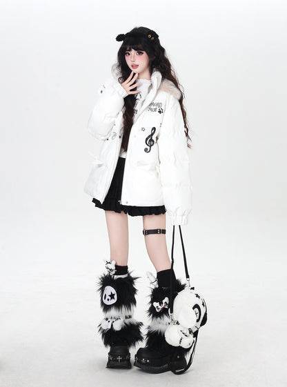 猫モチーフ 音符入り フード付き中綿ジャケット