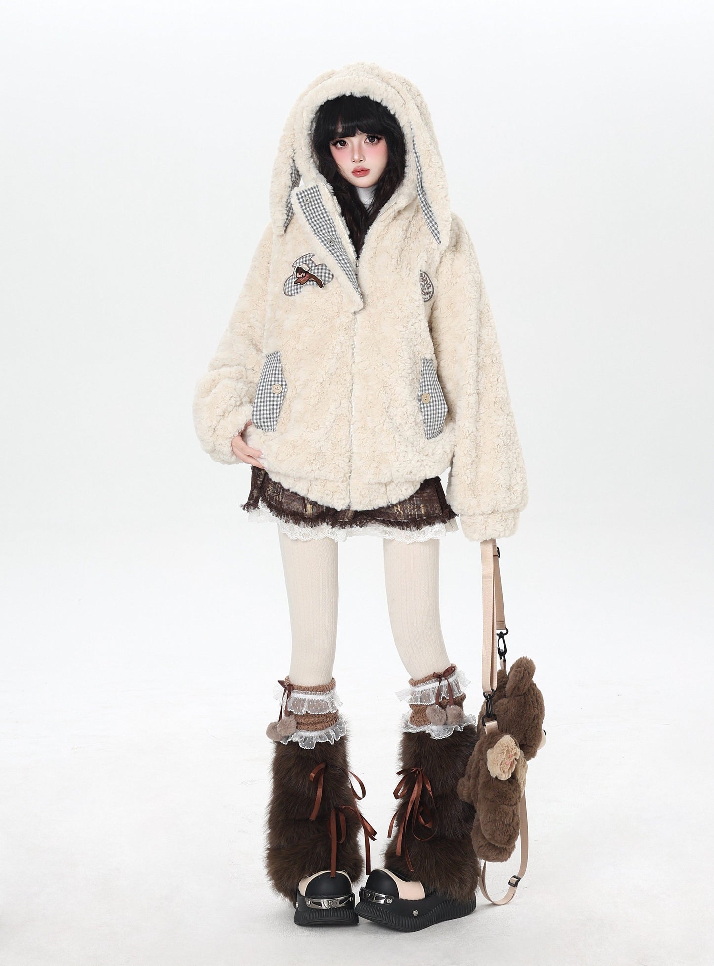 うさ耳＆刺繍入り チェック切替ボアジャケット