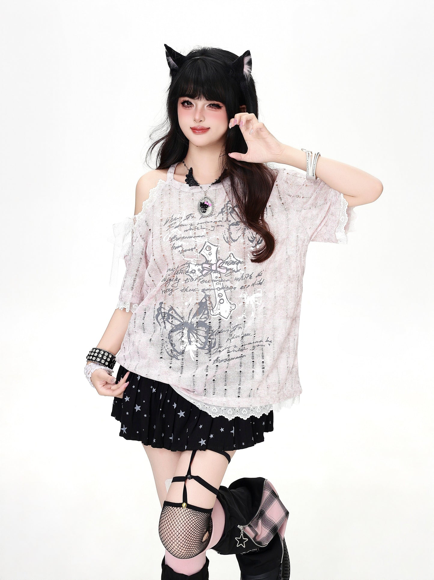 クロスレースオフショルTシャツ