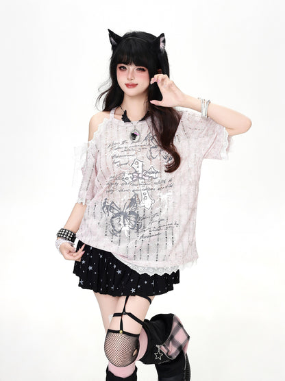 クロスレースオフショルTシャツ