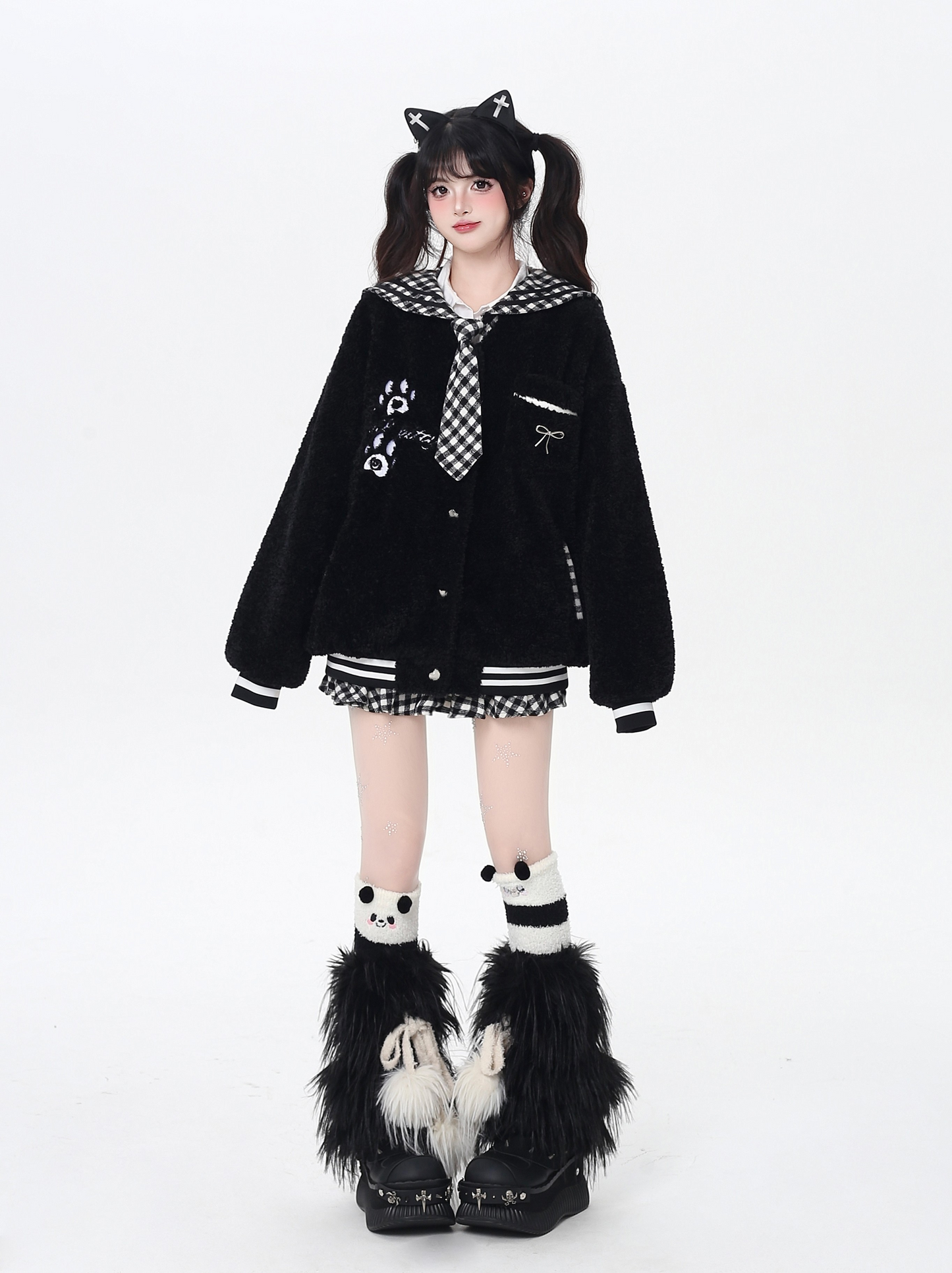 チェックセーラー襟ボアジャケット