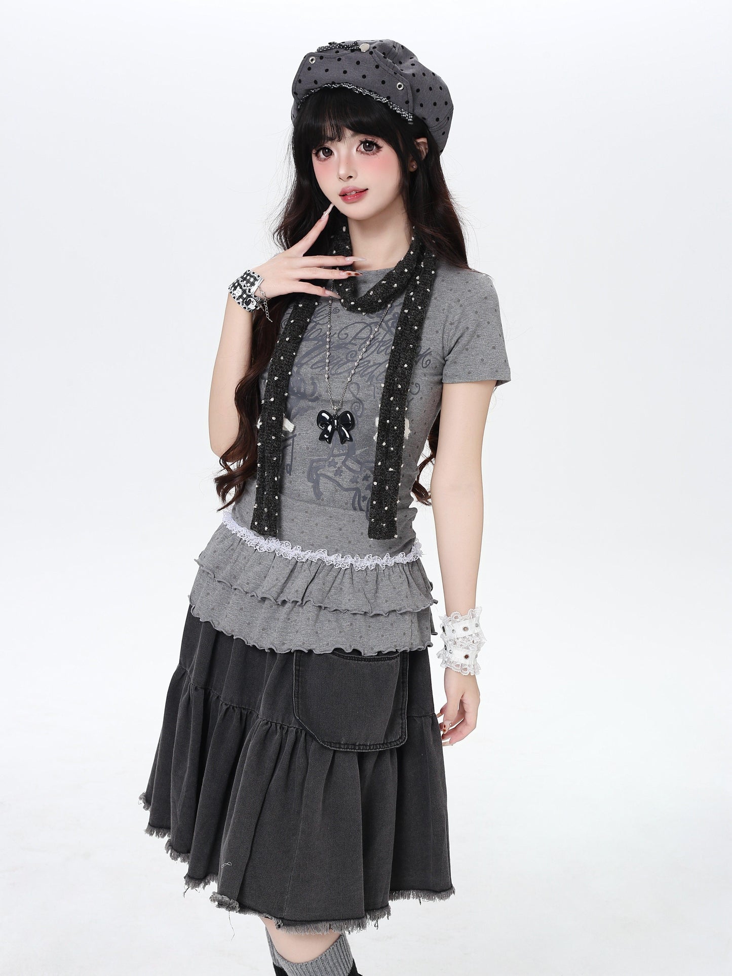 ドットフリルトップス｜韓国ガーリー・細見え