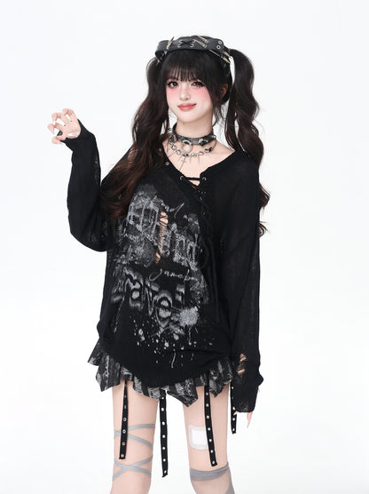 スプレー風ダメージ×透け感ニットロンT