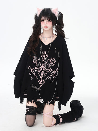 ゴシック破れチェーンVネックニット