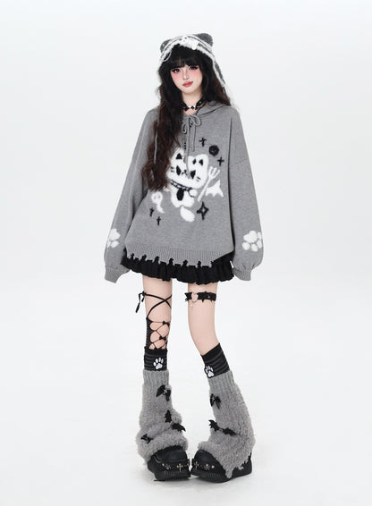 ねこモチーフ フード付きルーズニット｜黒×グレー サブカル