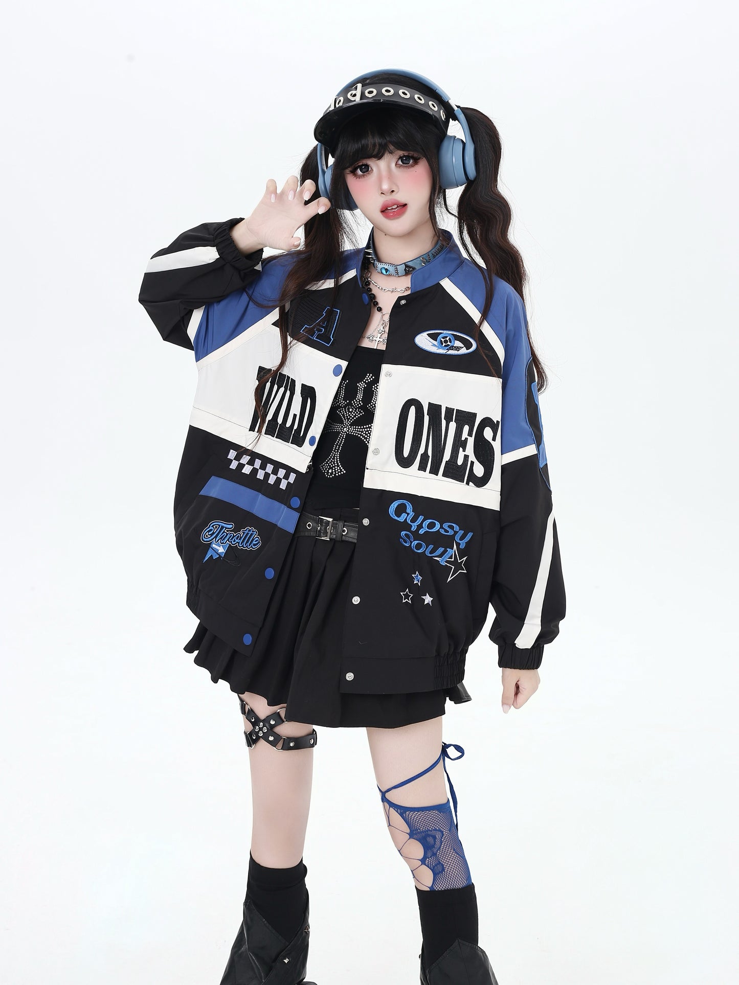 ストリート復古パッチワーク×ライダーズスタジャン（取り外し可能）