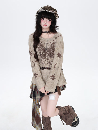 クラッシュ加工 バタフライ柄ロングスリーブT