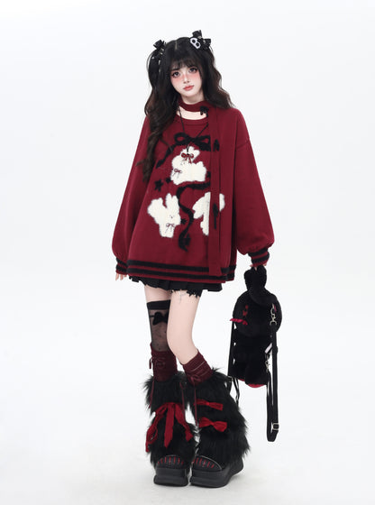 ゆる地雷 うさみみ×リボン ニットセーター 秋冬 オーバーサイズ 量産型 Y2Kコーデ