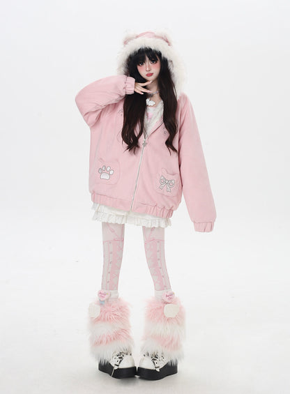 ねこ耳フード付きボアコットンジャケットコーデ