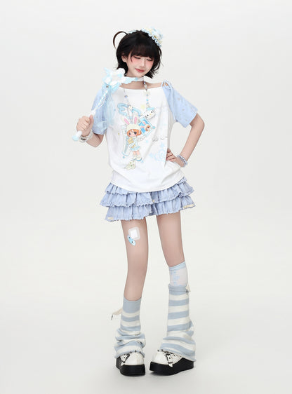 アシメ配色レースアップTシャツ