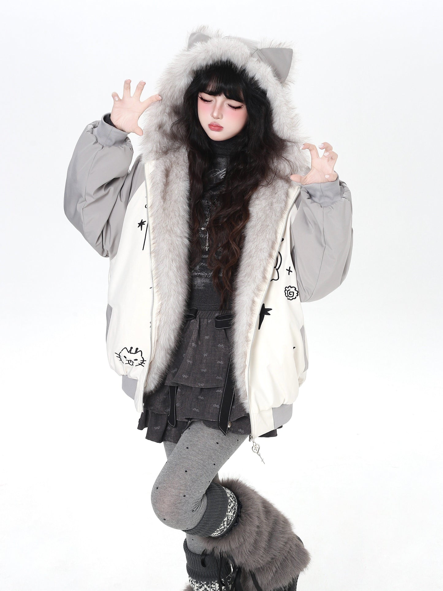 猫耳刺繍 ボリューム中綿アウター