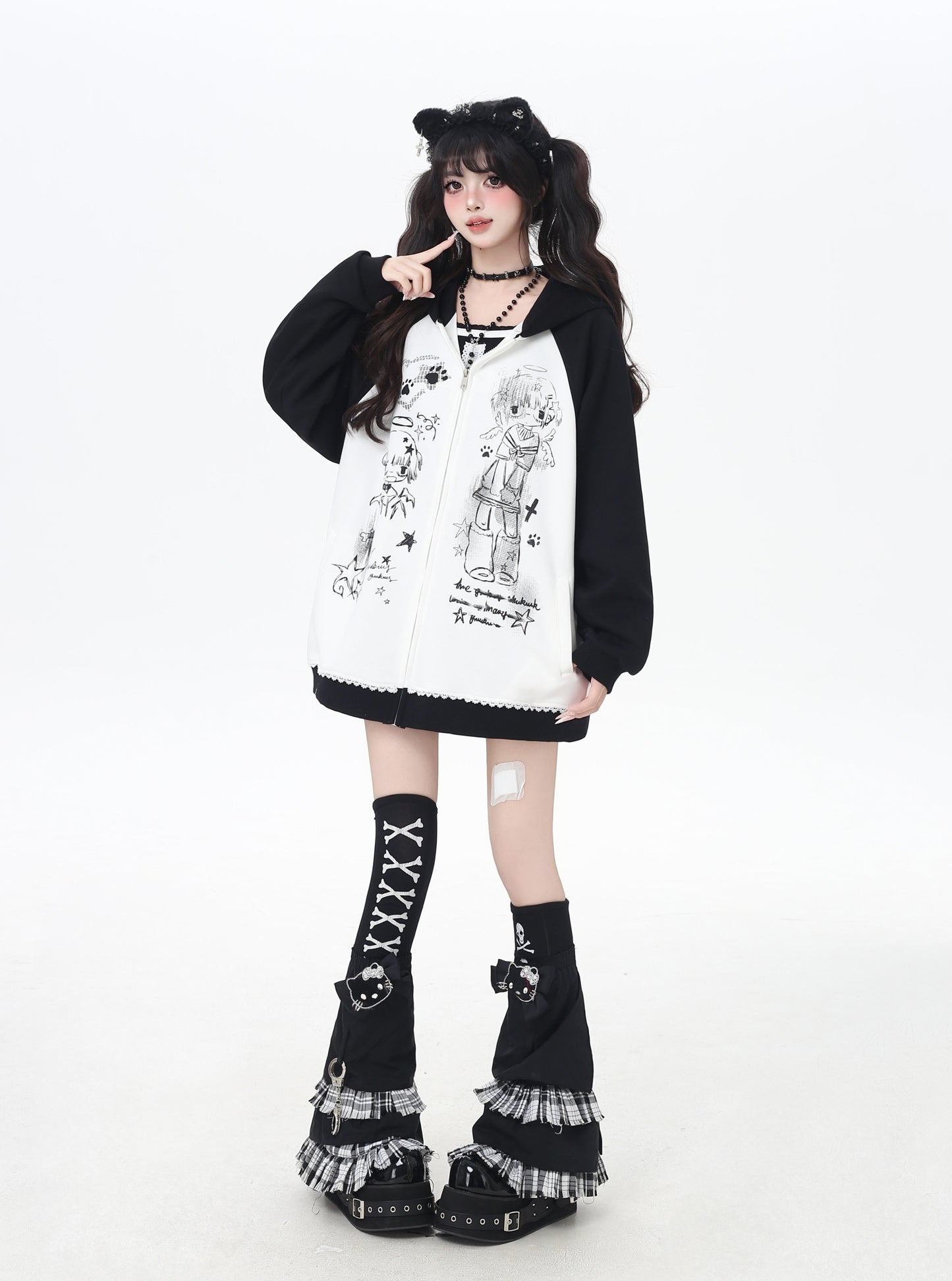 結び方自由◎黒白チェック×毛足レッグカバー