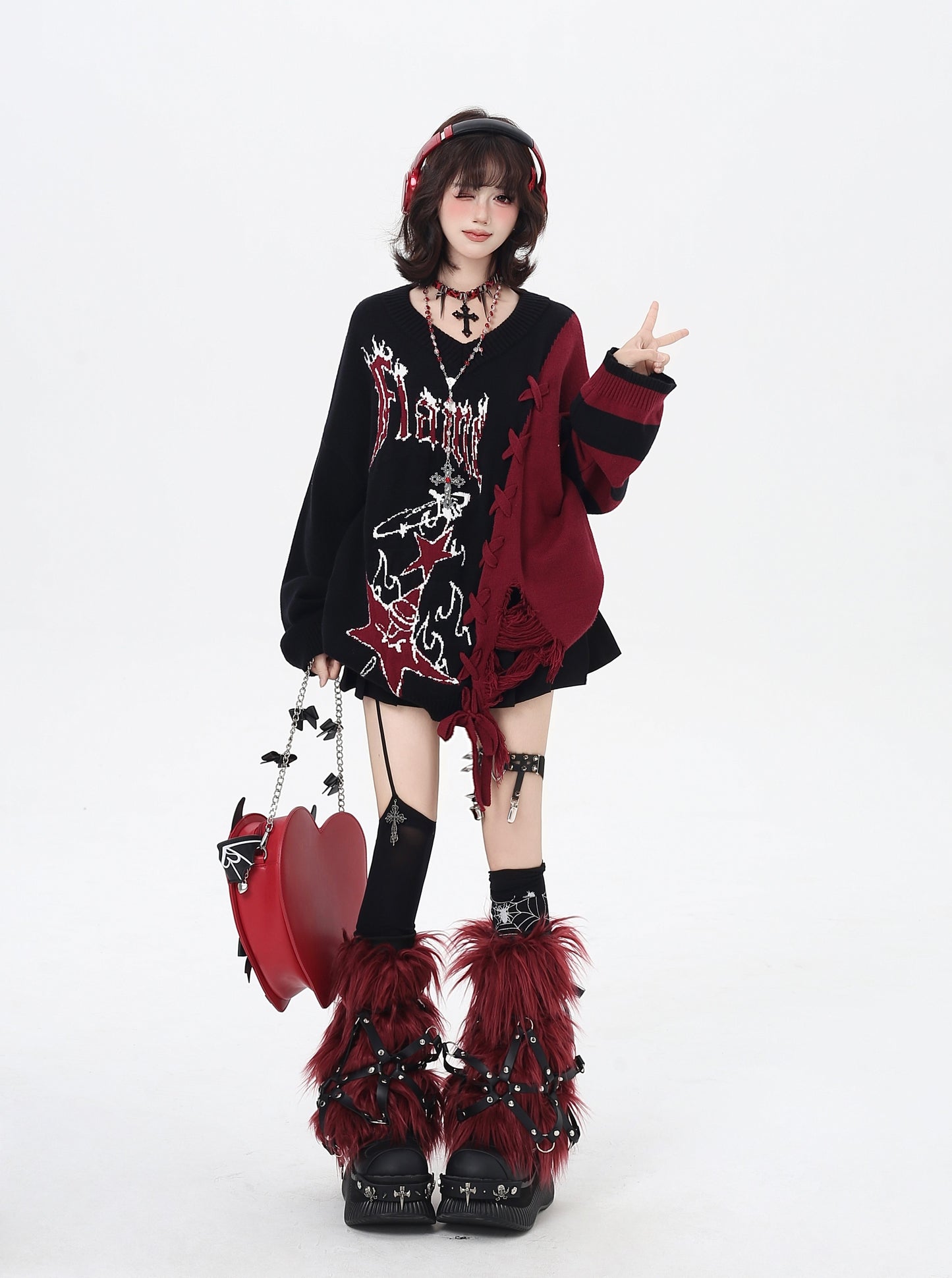 ゆるギャル系 Vネック配色リボンニット♡秋冬甘辛ミックス