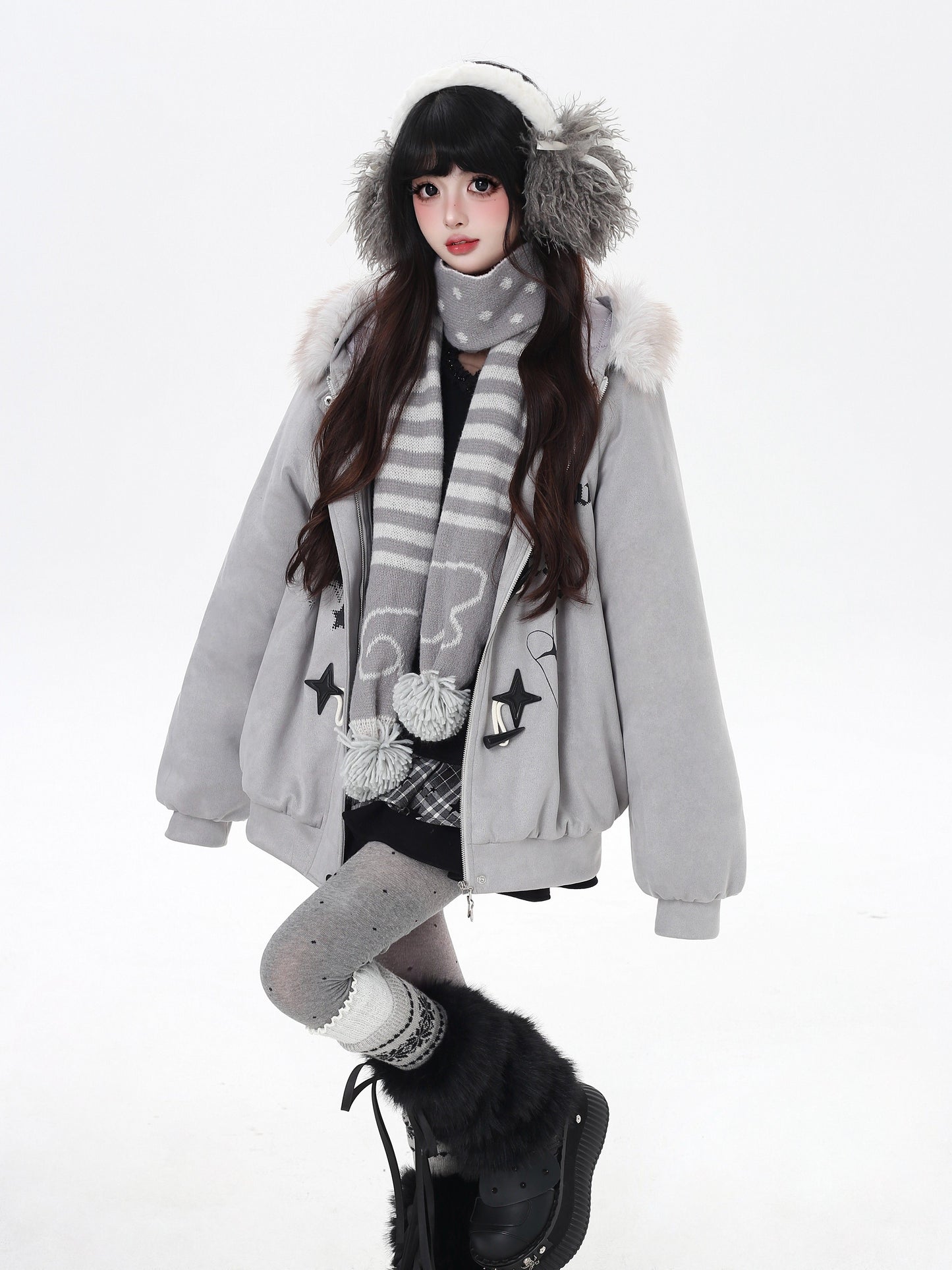 星柄レター×ボア襟取り外し可能 ゆるシルエット中綿ジャケット