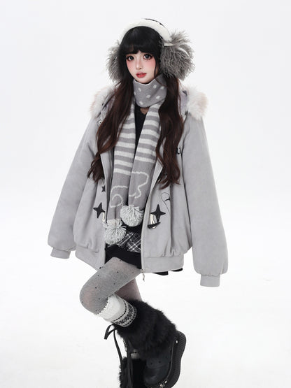 星柄レター×ボア襟取り外し可能 ゆるシルエット中綿ジャケット