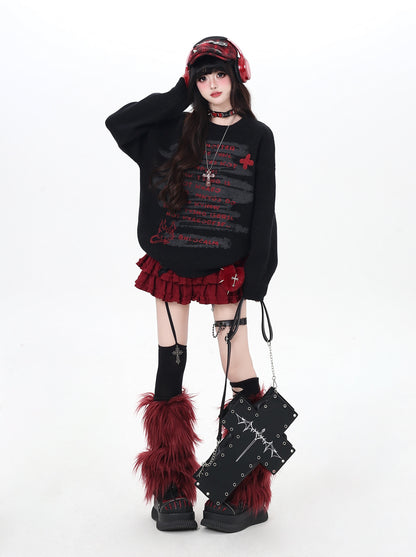 ゴシック猫ニット｜黒×グレーのゆる甘クールコーデ