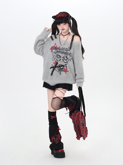 リボンオフショルフェイクファーニット