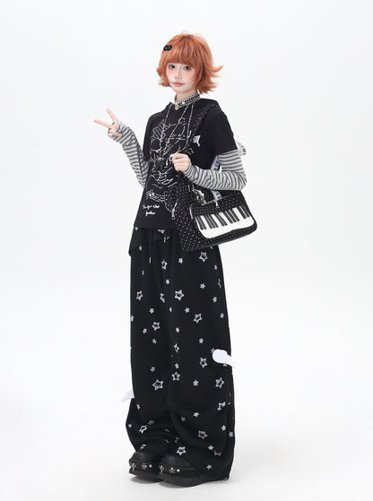 くすみスター柄 ルーズストレートパンツ