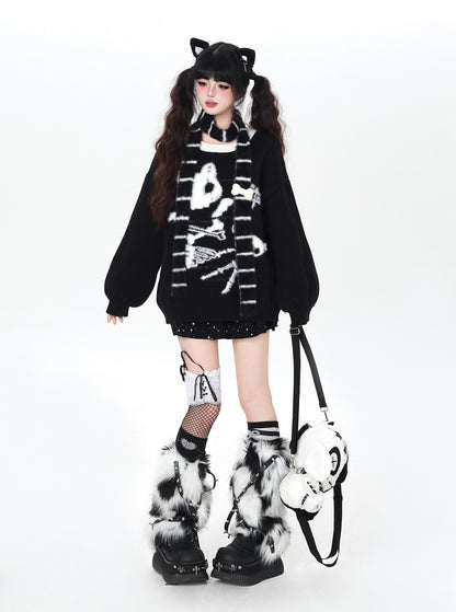 白黒ねこモチーフ ルーズニットプルオーバー｜秋冬ゆるサブカル