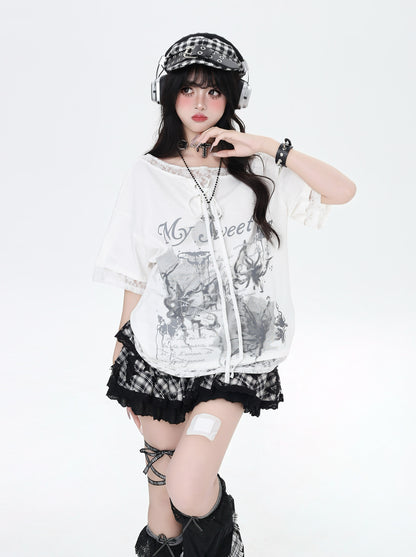 斜めショルダー×レースTシャツ