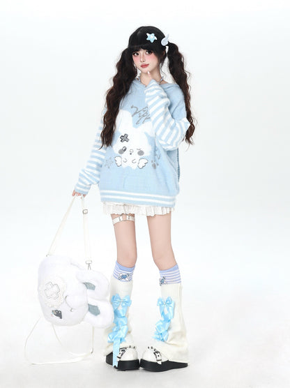 うさ耳フード入り ボーダーゆるニット