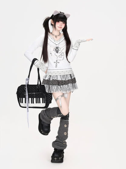 ハートグラフィックフェイクレイヤード長袖トップス