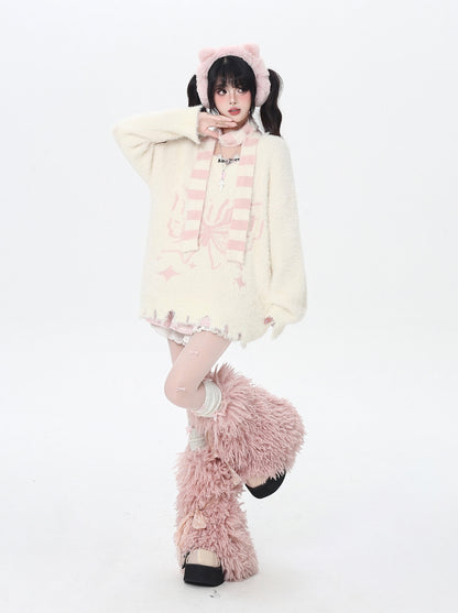 Vネック蝶モチーフふわもこニット＋マフラー