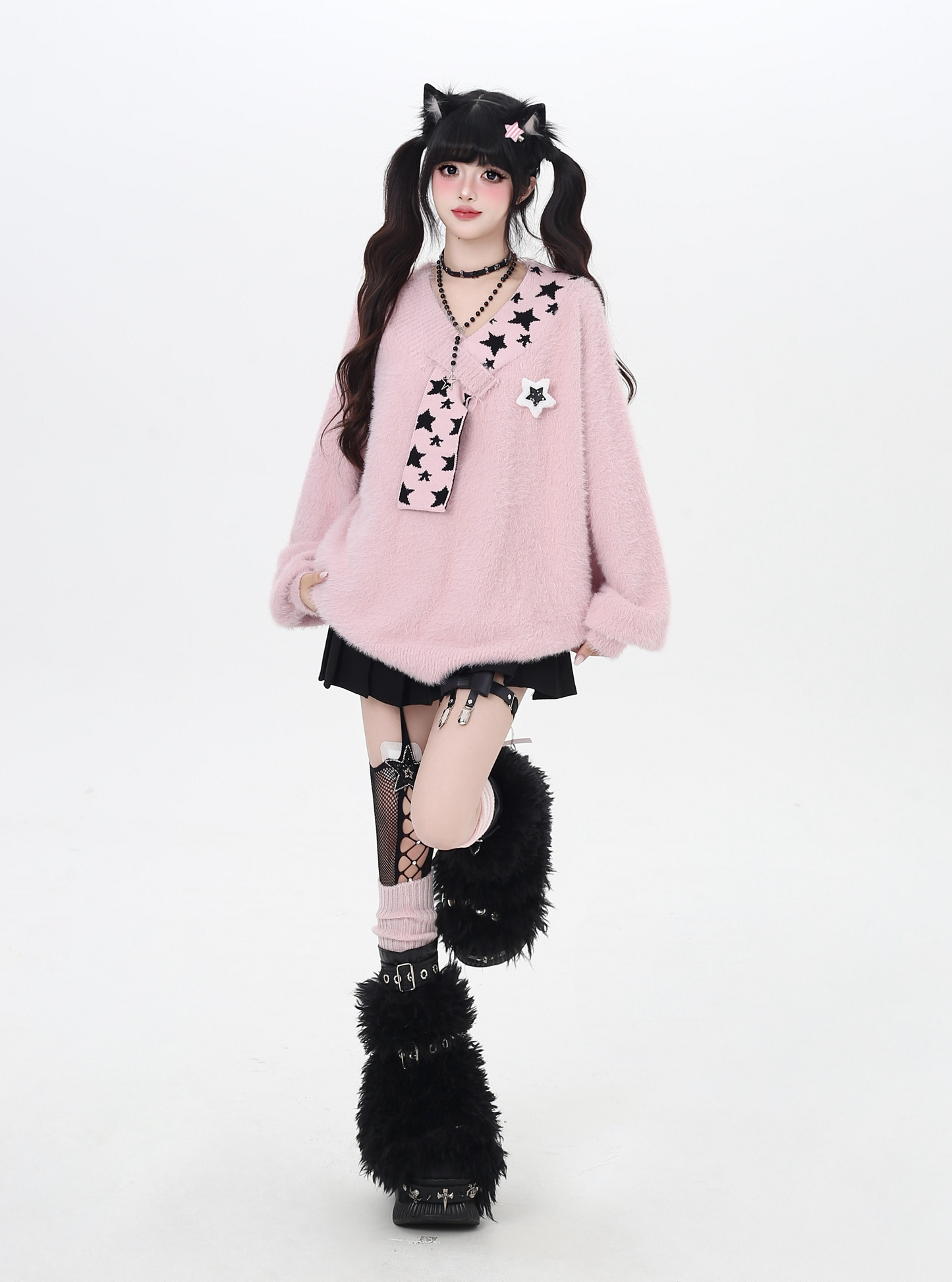 星モチーフフェイクファー重ね着風ニット