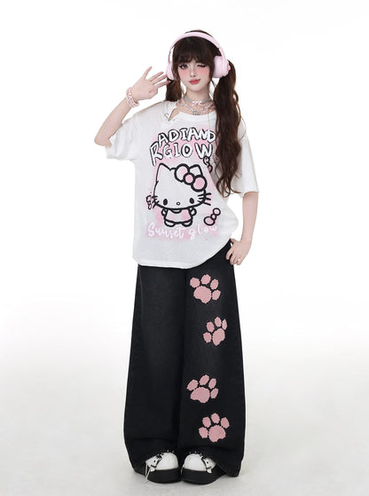 猫落書き×ピン付きルーズTシャツ 🖤 パンクストリート風