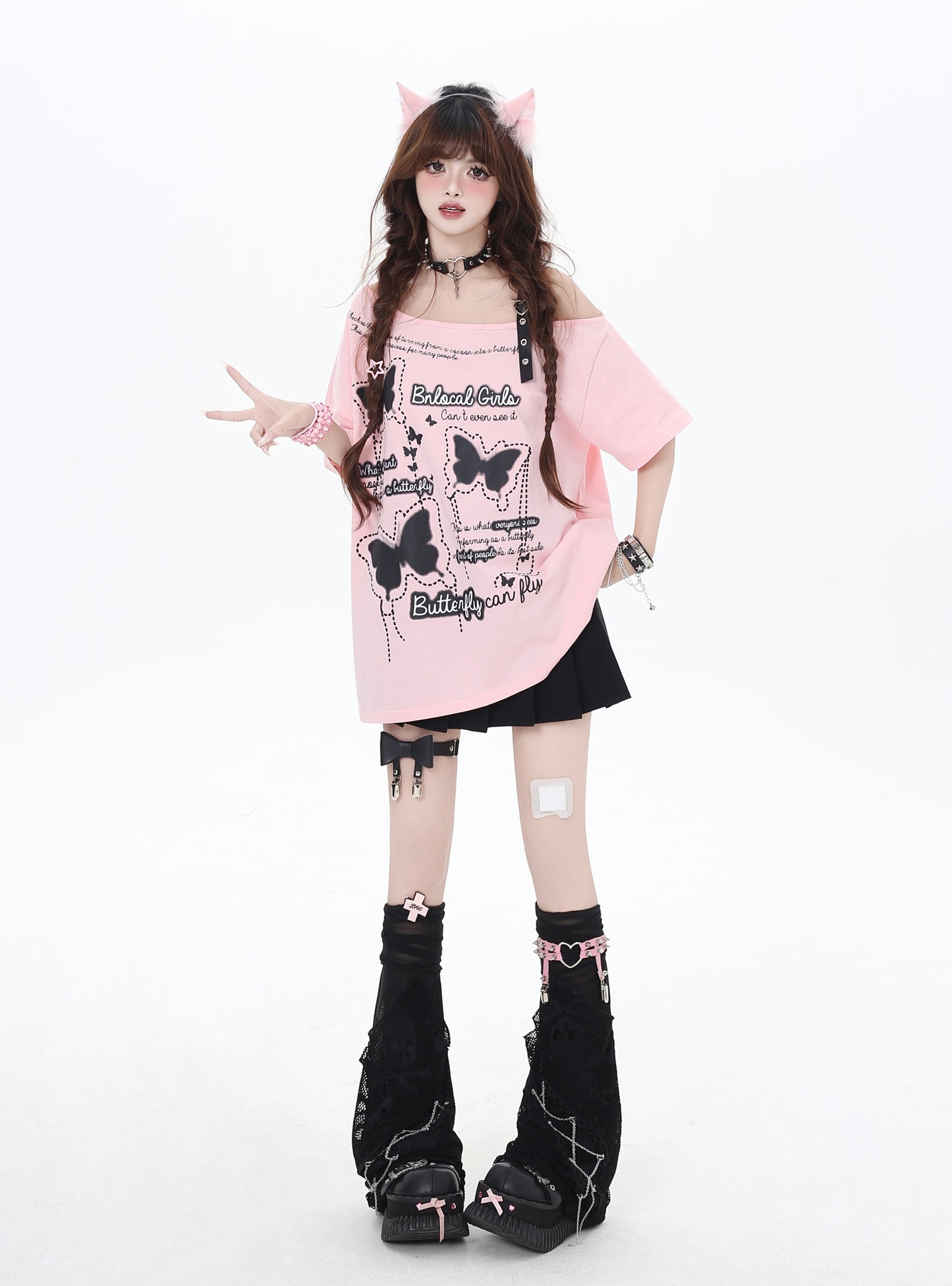 蝶々モチーフオフショルダーTシャツ