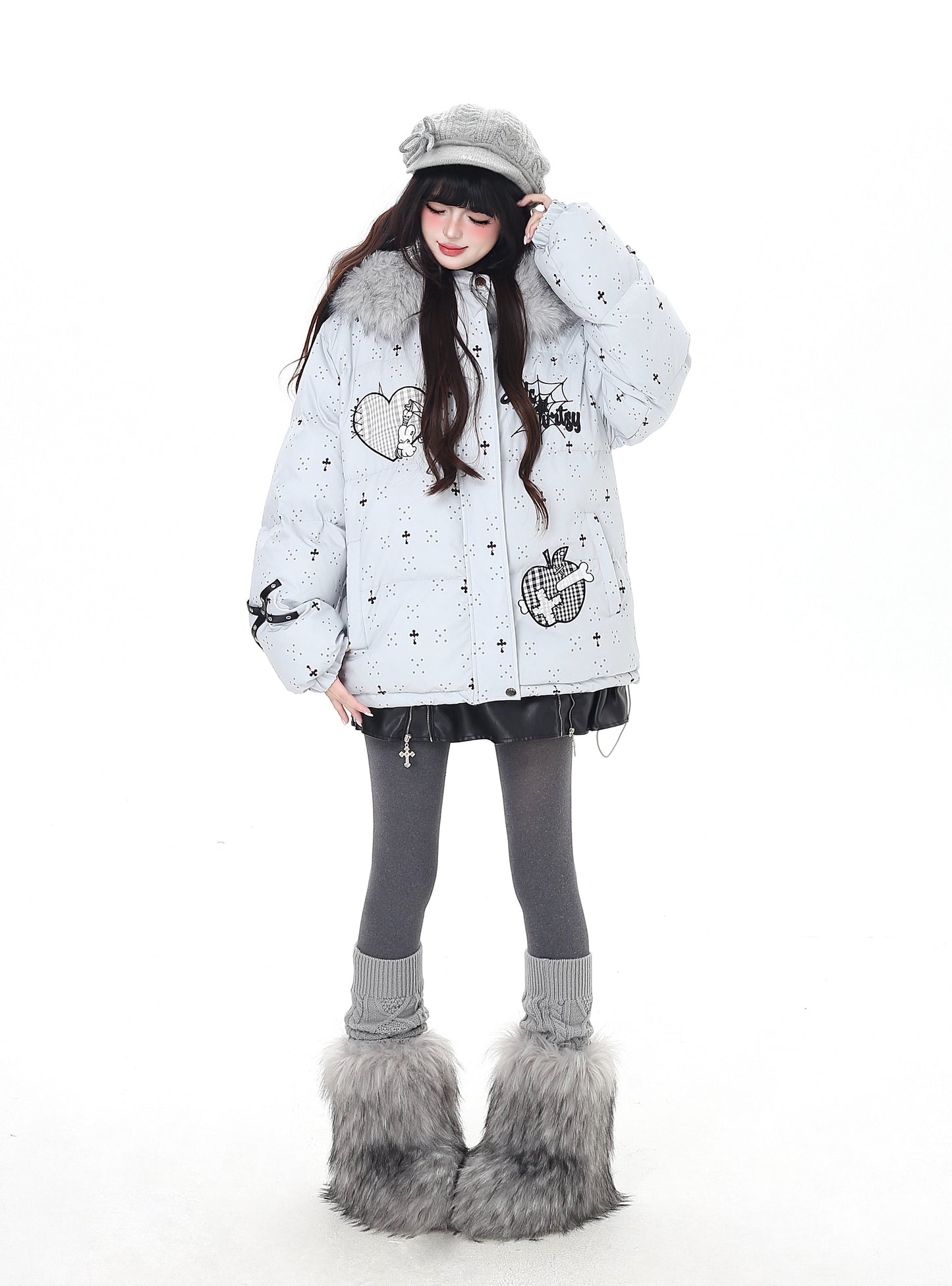 雪柄フード付き取り外し可毛襟コットンジャケット