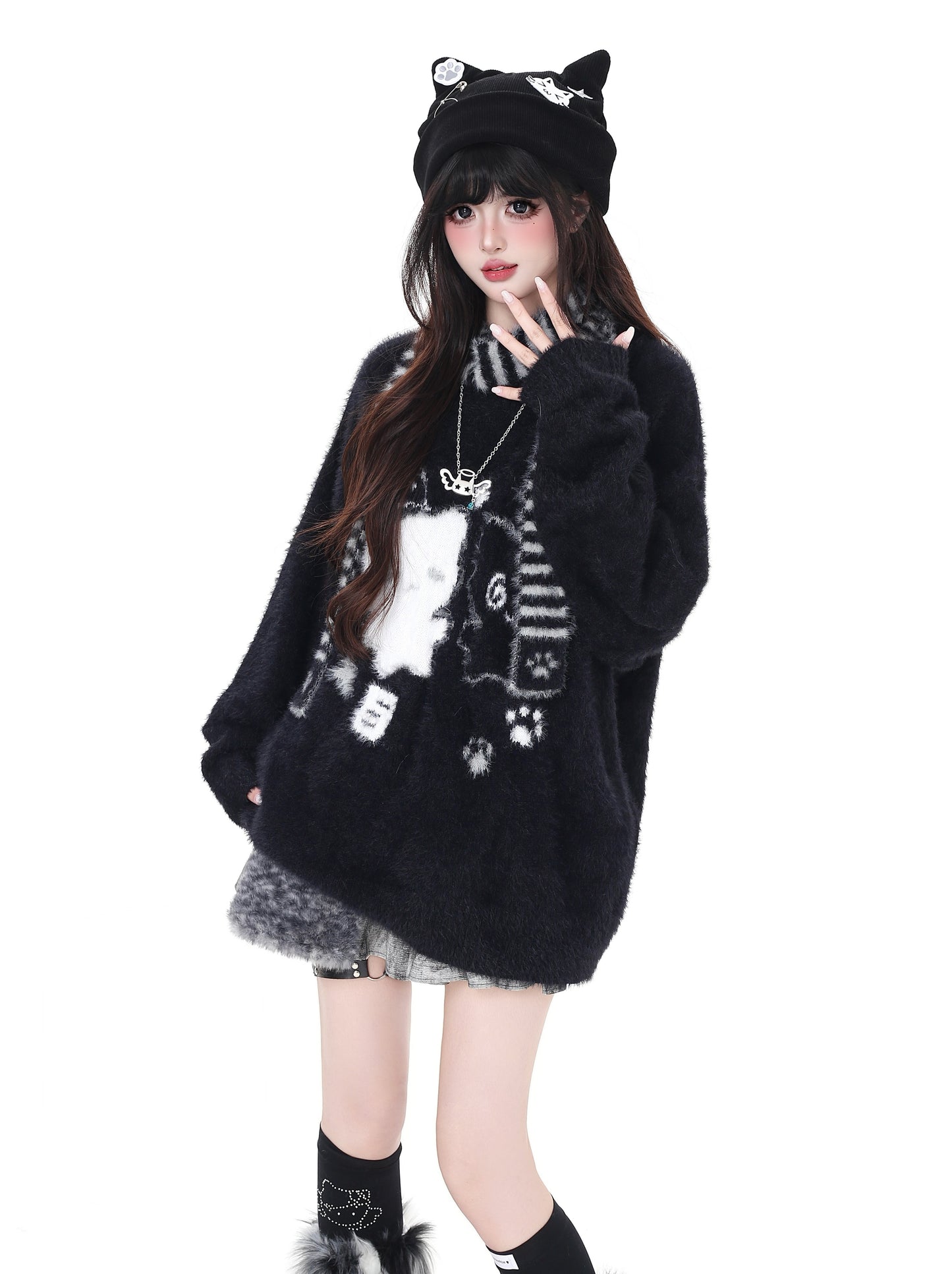 ふわもこ猫柄ニット＋マフラー付き