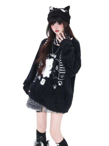 ふわもこ猫柄ニット＋マフラー付き