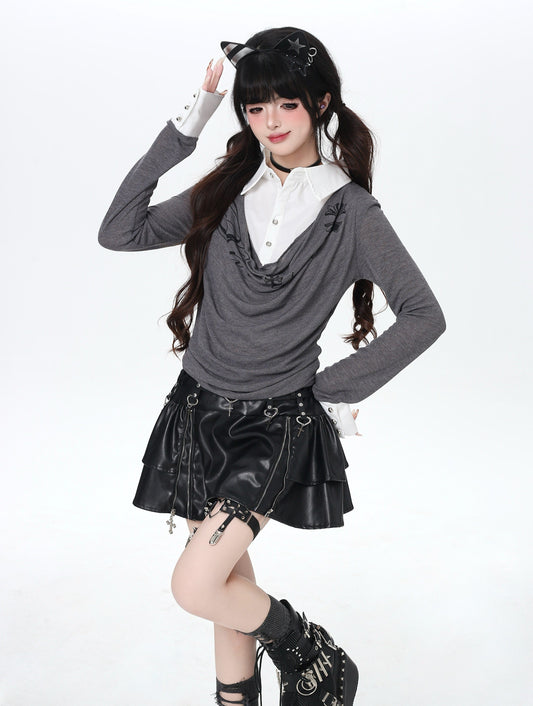 ポロ風レイヤードトップス｜韓国ガーリー・細見え