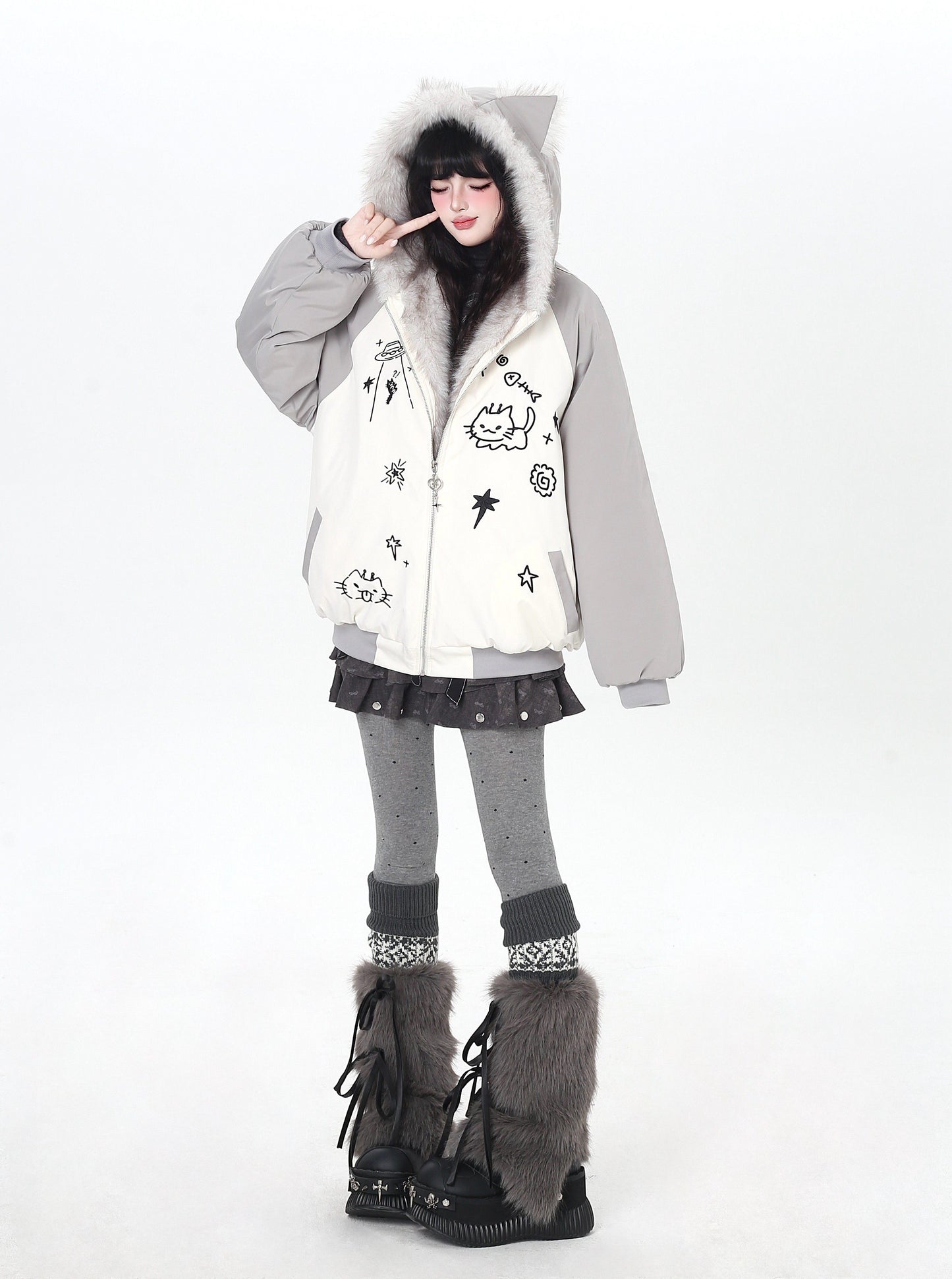 猫耳刺繍 ボリューム中綿アウター