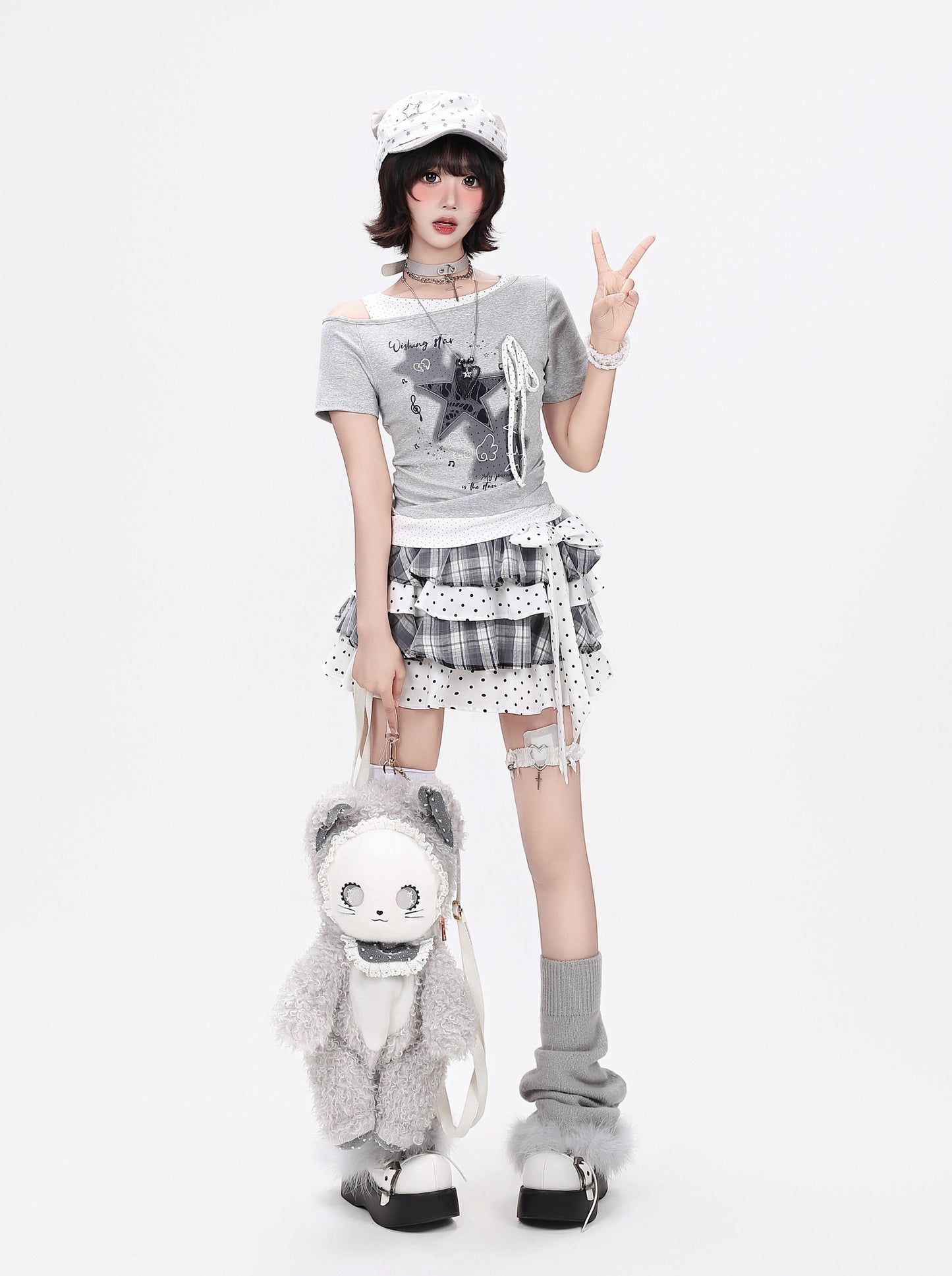 アシメ星柄ダメージTシャツ