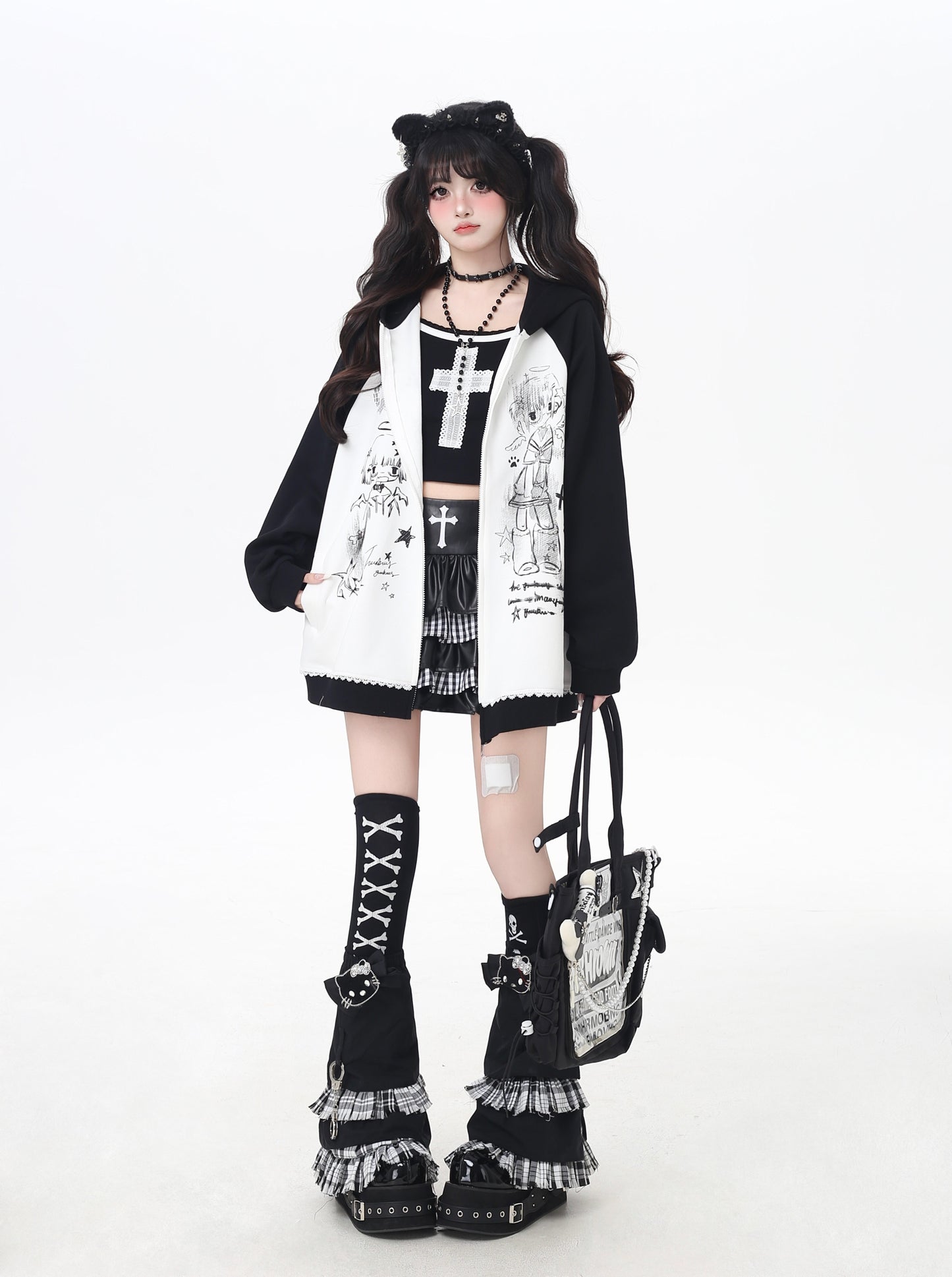 結び方自由◎黒白チェック×毛足レッグカバー
