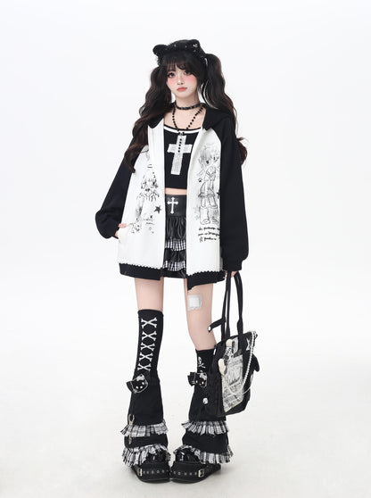 結び方自由◎黒白チェック×毛足レッグカバー