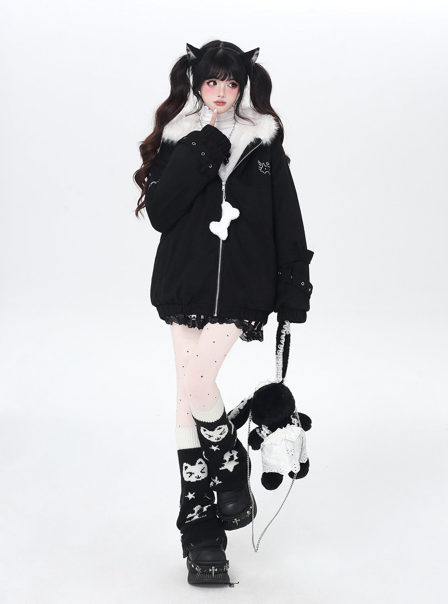 天使風 猫耳フード ファー中綿ブルゾン