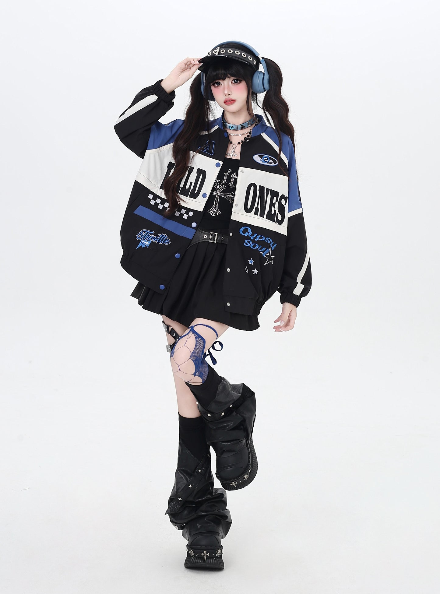 ストリート復古パッチワーク×ライダーズスタジャン（取り外し可能）