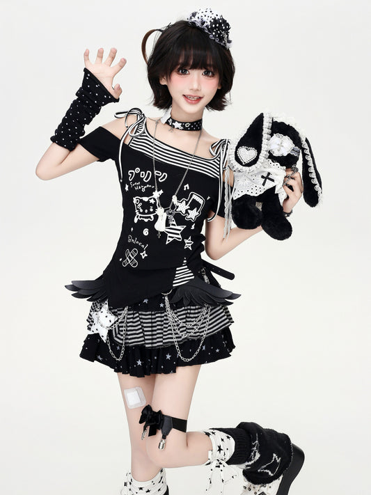 ボーダーアシメオフショルトップス