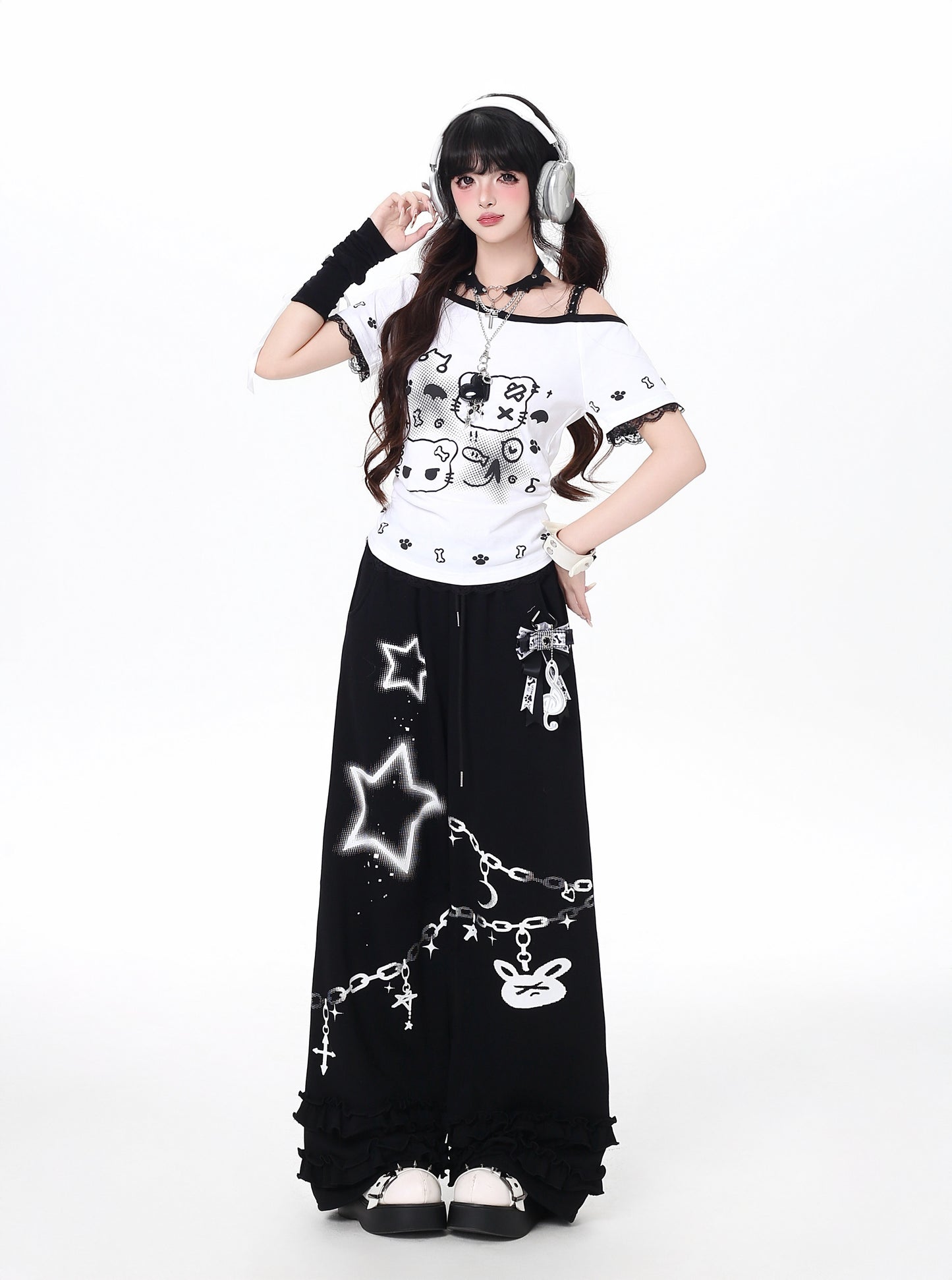 ねこプリントレースキャミレイヤード風T