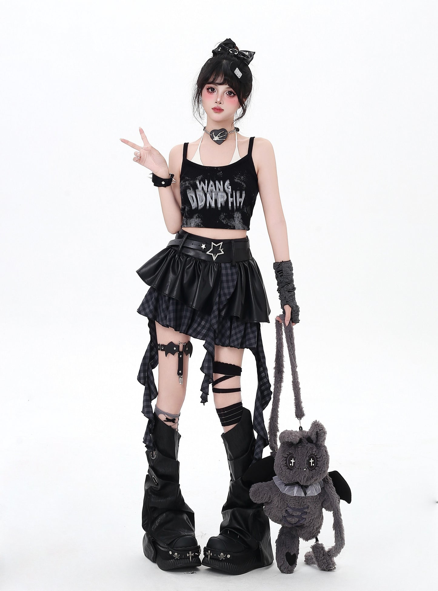 闇フリンジレザー　アシメスカート
