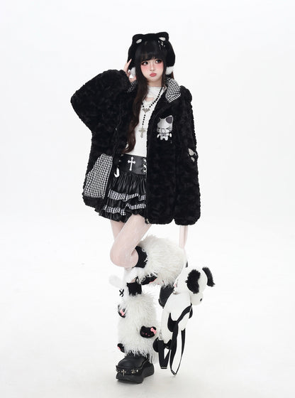 ねこモチーフチェックフード付きボアジャケット